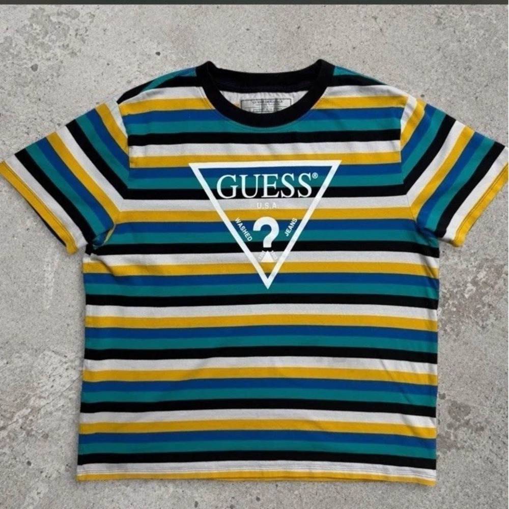 VINTAGE Guess Originals Men Shirt L Multicolor Striped Guess Logo Hip Hop Y2K